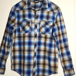 Vans. Y2K Western Rockabilly snap button blue gray plaid shirt  medium